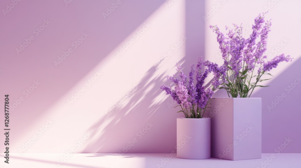 Poster pastel lavender and pink color blocks with floral arrangements in a modern setting