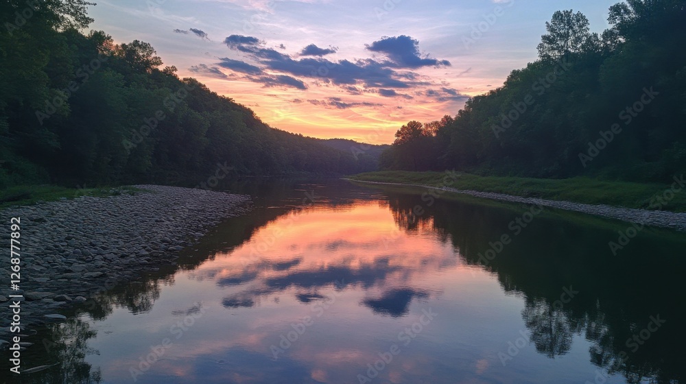 Poster calm river reflecting vibrant colors during sunset in a serene natural setting