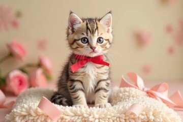 Adorable Kitten Wearing a Red Bow on a Soft Fluffy Surface