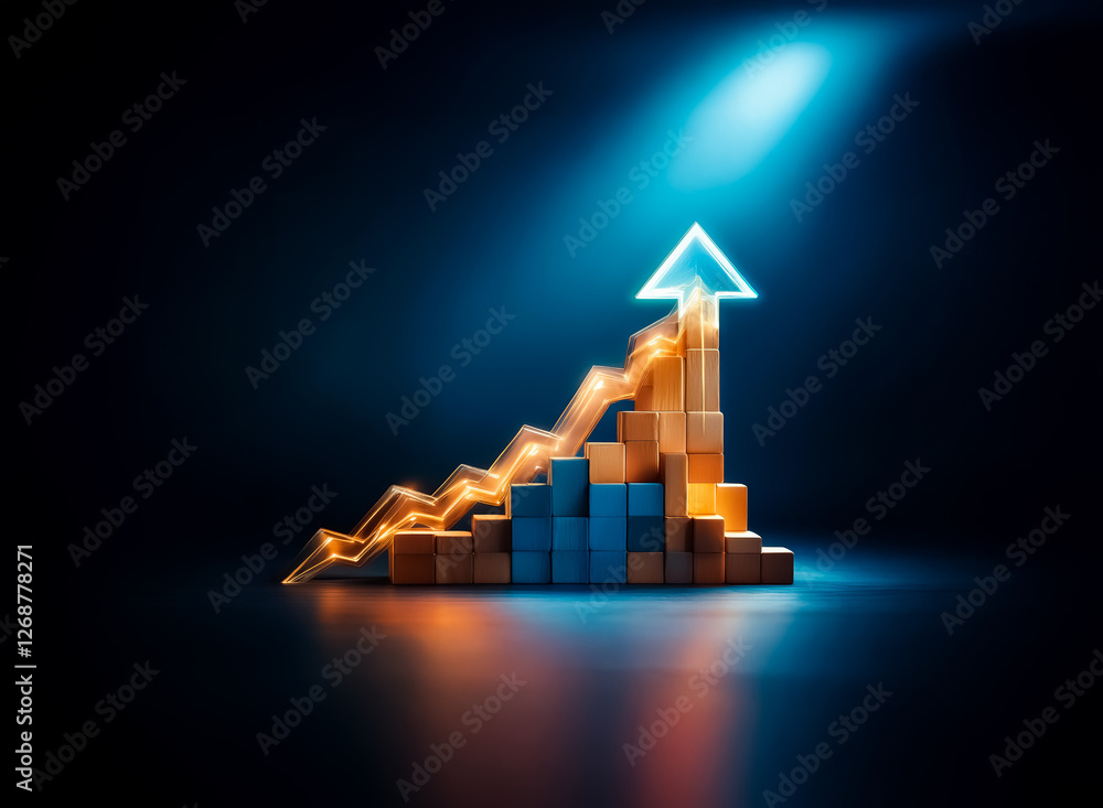 Poster a luminous arrow points upwards on a stacked cube chart against a dark backdrop, illuminated by a bl