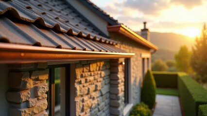 Home gutter system, Stone facade home with a sunlight-reflecting copper gutter system