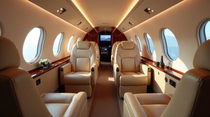 Luxurious Private Jet Cabin Interior  Elegant Seating, Panoramic Views, and In-Flight Amenities