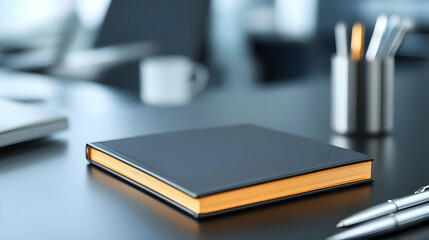 Fototapeta premium A sleek black notebook placed on a modern office desk with pens and a coffee mug.