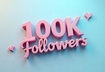 100K Followers. Achievement in 100K followers. 100 000 followers background. Congratulating networking thanks, net friends abstract image, customers.3d rendering. Isolated like and thumbs. Web banner.