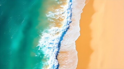 Aerial View of Turquoise Ocean Waves Crashing on Golden Sand Beach | Coastal Landscape Photography | Beach Scene