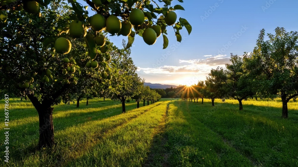 Poster a sunlit orchard with rows of trees and a path leading to a distant mountain range.