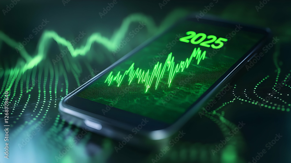 Poster a smartphone displaying a green digital graph with the year 2025 highlighted.