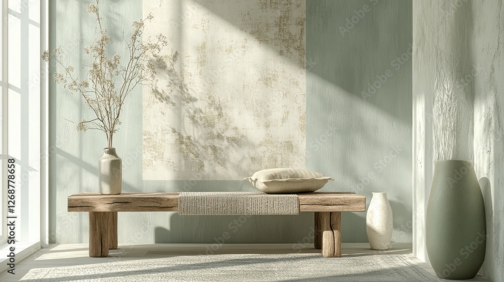 Poster minimalist interior design with natural elements and soft light creating a serene atmosphere in a mo