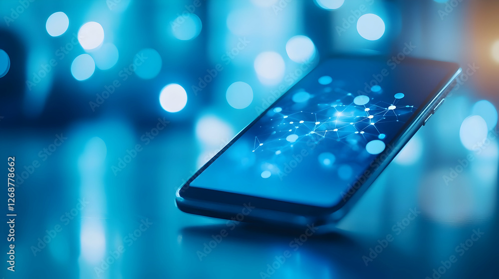 Poster a smartphone displaying a vibrant blue digital interface with illuminated elements.