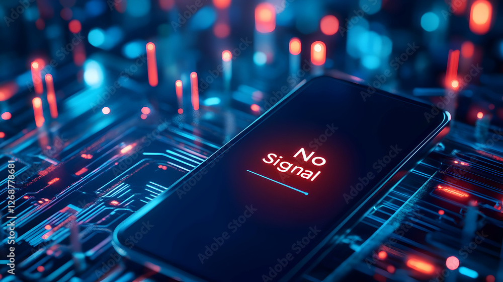 Poster a smartphone displaying 'no signal' on a vibrant circuit board background.