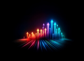 Vibrant glowing arrows ascend against a stark black background, displaying a spectrum of colors shifting from hot red to cool blue hues.