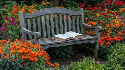 Serene Garden Bench with Open Book Colorful Flowers
