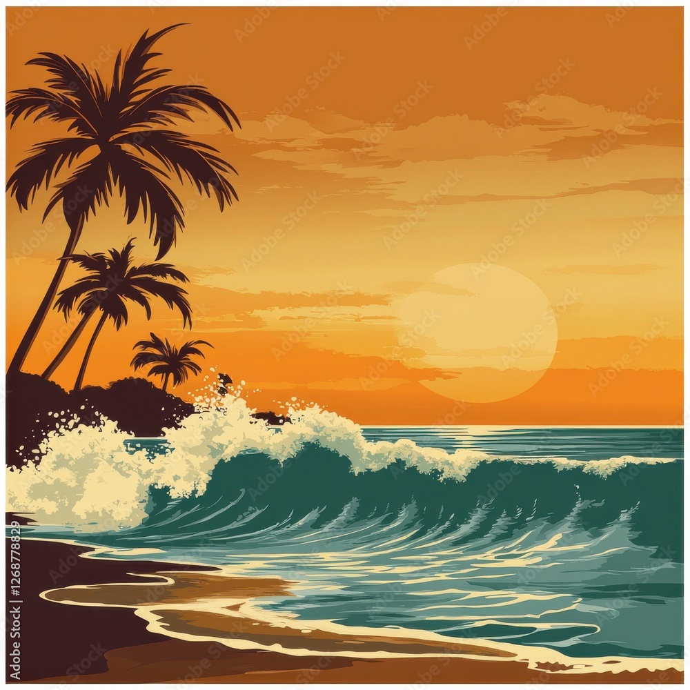 Poster beautiful sunset over the ocean with palm trees creating a tranquil beach atmosphere