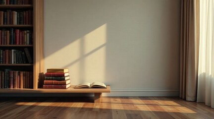 Serene Study Nook with Stacked Books and Open Book on Low Wooden Shelf