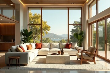 Modern Sectional Sofa in Sunlit Living Room with Panoramic View