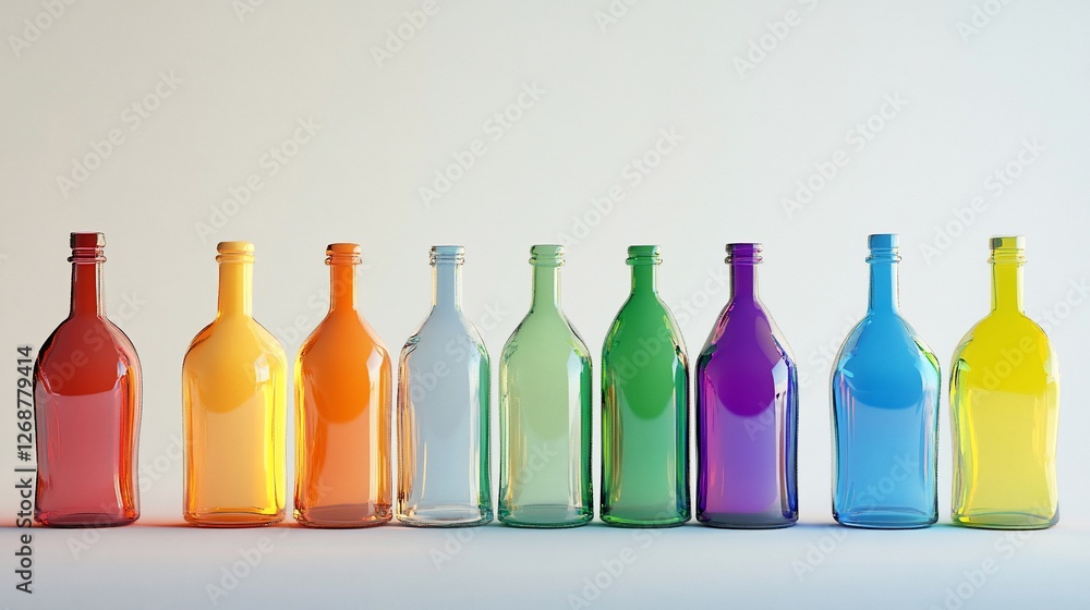 Poster rainbow spectrum: collection of colorful glass bottles in a row on white background