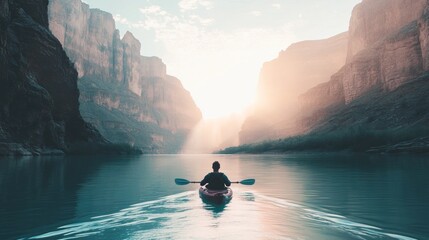 A serene kayak journey through majestic canyon landscapes at sunrise.