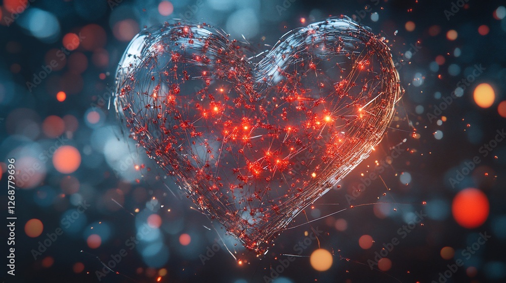Poster abstract heart: a wireframe symbol of connection and glowing affection