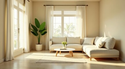 Sunlit Living Room with Beige Sectional Sofa and Natural Light Streaming Through Sheer Curtains