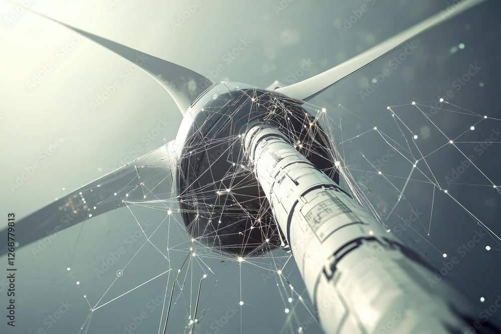 Poster futuristic wind turbine with networked data visualization a stunning low angle view of a modern wind