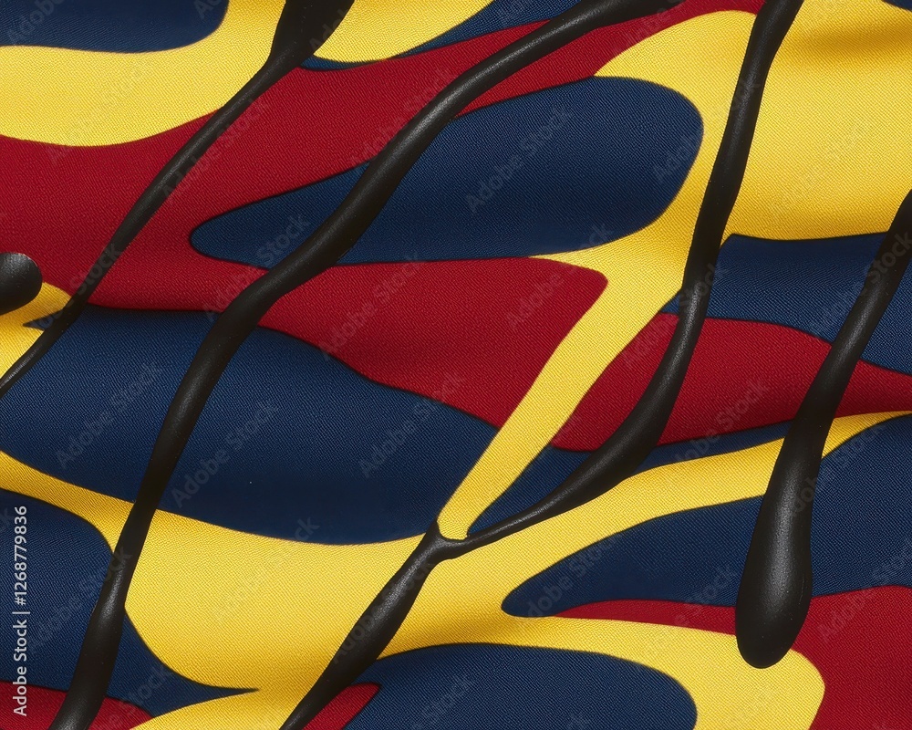Poster a vibrant abstract design featuring bold yellow, red, and blue shapes intertwined with black lines, 