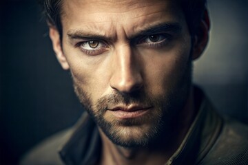 Serious and mysterious man with intense gaze dramatic close-up