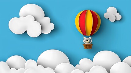 Obraz premium Colorful Hot Air Balloon with Bear Flying in a Blue Sky Background