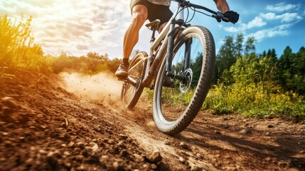 Fototapeta premium Cyclist navigates downhill on a dirt path under a bright sky in a vibrant outdoor setting