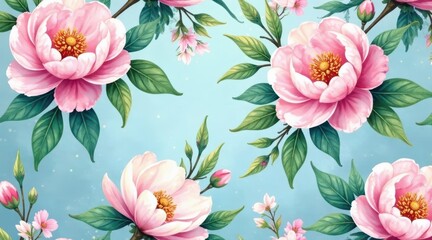 Pastel Pink Blossoms and Delicate Green Foliage on a Soft Blue Background, a Serene Floral Design Perfect for Various Applications