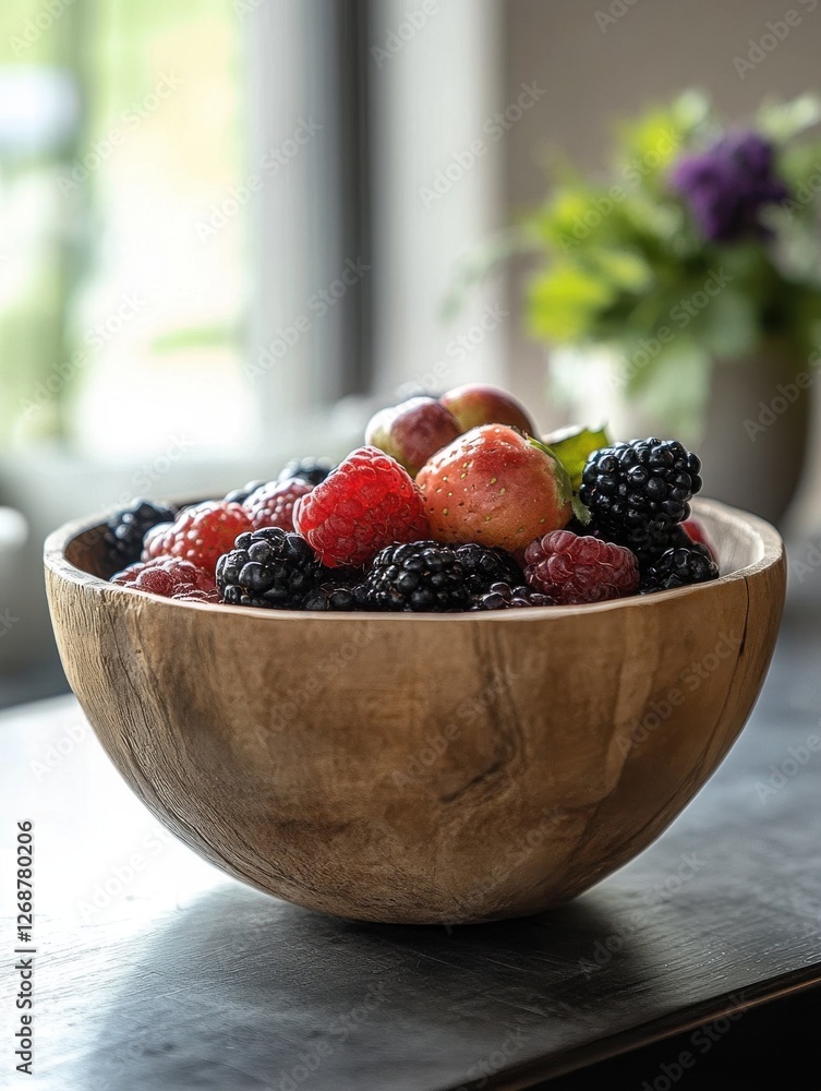 Poster rustic wooden bowl filled with fresh berries and apples on a table by the window in a cozy kitchen s