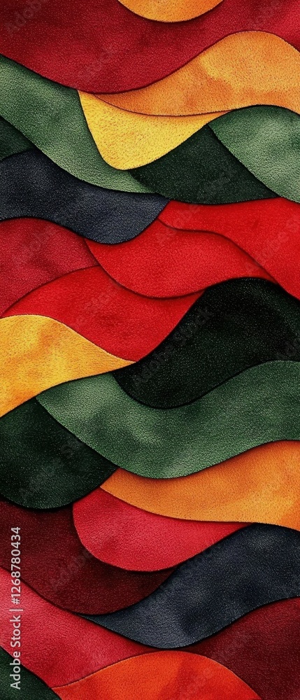 Poster a vibrant abstract pattern featuring flowing waves in red, green, yellow, and black, creating a dyna