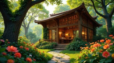 Serene Wooden Pavilion nestled amidst a lush garden path, bathed in the soft glow of morning sunlight, offers a tranquil escape to nature's embrace.
