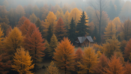 Misty Autumn Forest with Golden Leaves