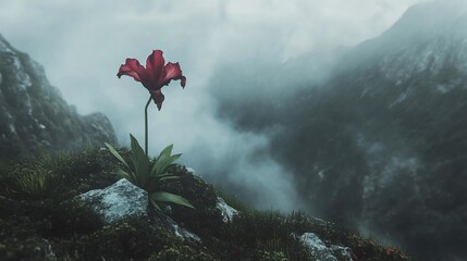 A solitary bloom: Crimson flower stands resilient against misty mountains