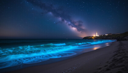 Glowing Waves Under a Starry Night