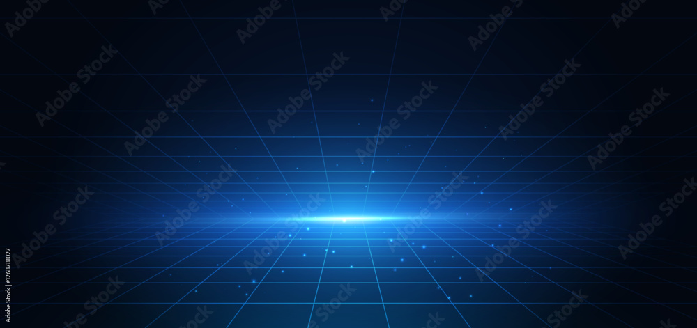 Poster abstract scene elegant blue lines grid lines on dark background with lighting effect and sparkle.
