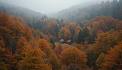 Enchanted Fall Woods Covered in Fog
