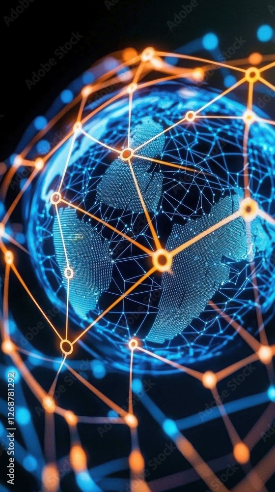 Poster a digital representation of a globe interconnected with vibrant lines and nodes, symbolizing global 