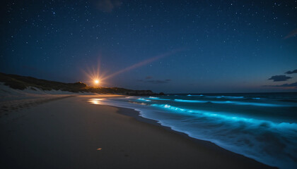 Peaceful Moonlit Beach with Bioluminescent Water