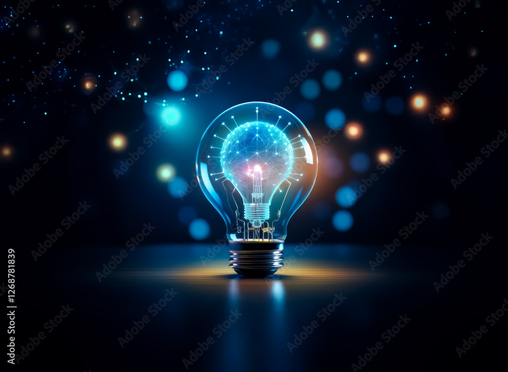 Poster a luminous lightbulb with a brain inside radiates against a dark backdrop sprinkled with bokeh light