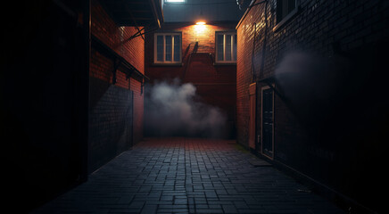 Gloomy Night Alleyway with Brick Walls and Dim Lighting in a Dense Urban Area