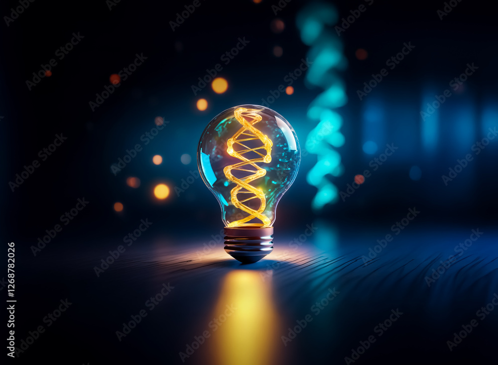 Poster a glowing light bulb showcases a dna helix inside, set against a dark backdrop with bokeh lights. co