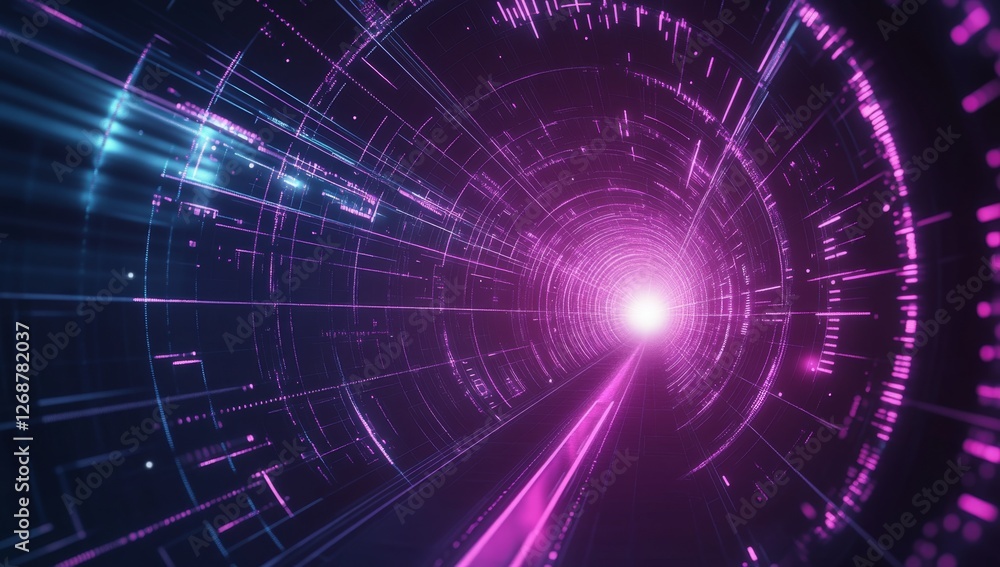 Aufkleber futuristic purple tunnel; data streams; digital; bright light; abstract; technology background; webs