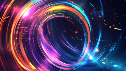 Colorful swirling light trails in dark space, digital art background, website design
