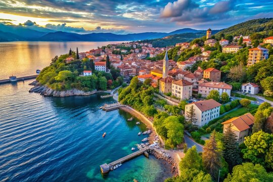 Aerial Panoramic View of Lovran Town & Lungomare Sea Walkway, Kvarner Bay, Croatia