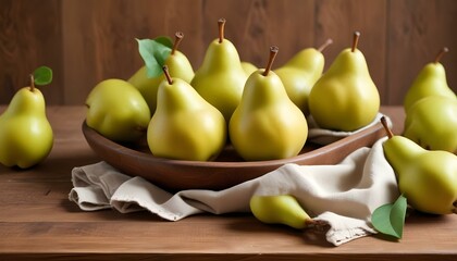Fresh pears on a wooden kitchen table