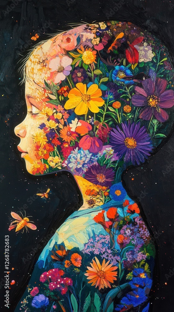 Poster Vibrant portrait of a child's profile illuminated by flowers and colors in a magical setting