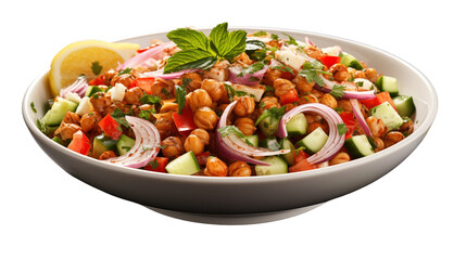 Spicy Chickpea Salad Bowl Healthy Mediterranean Recipe, Fresh Mint and Diet-Friendly, isolated on transparent background.