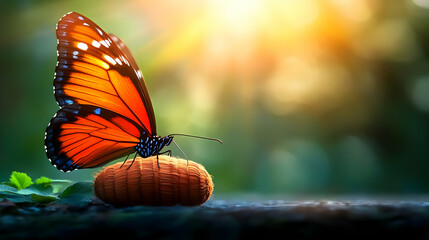 Obraz premium A vibrant butterfly rests on a leaf, basking in warm sunlight, showcasing nature's beauty.