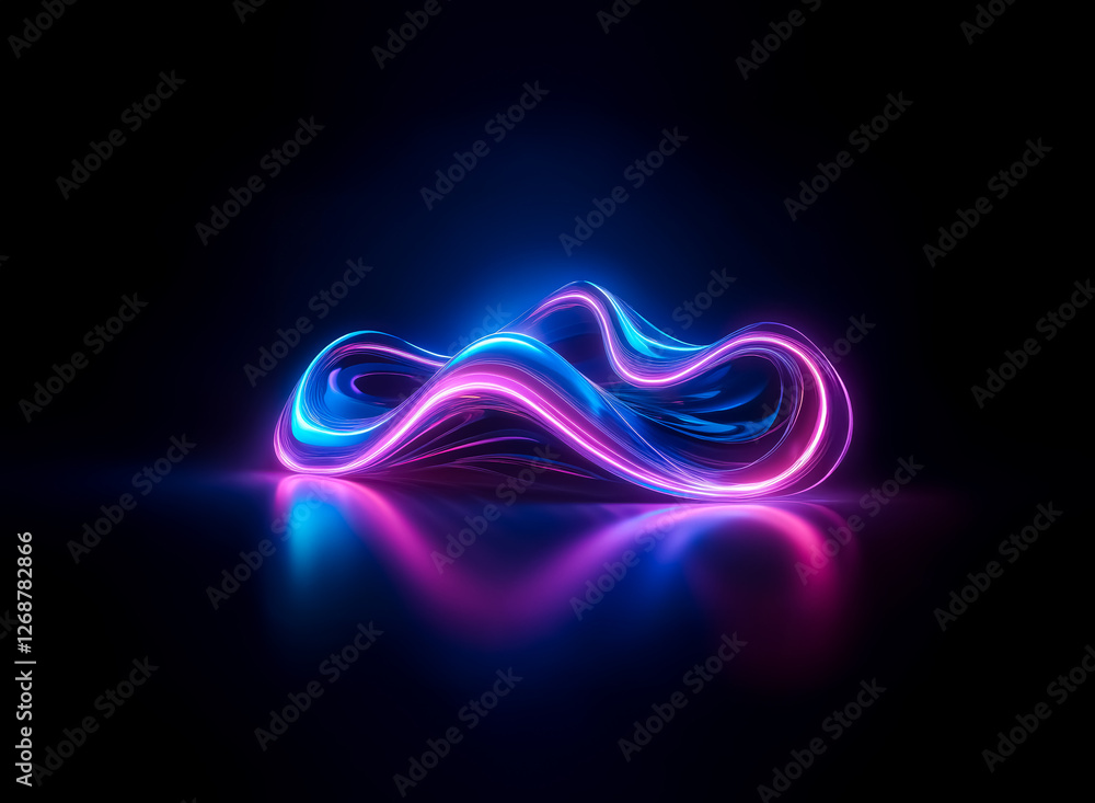 Poster abstract luminous shape with flowing curves in vibrant pink and blue hues against a stark black back